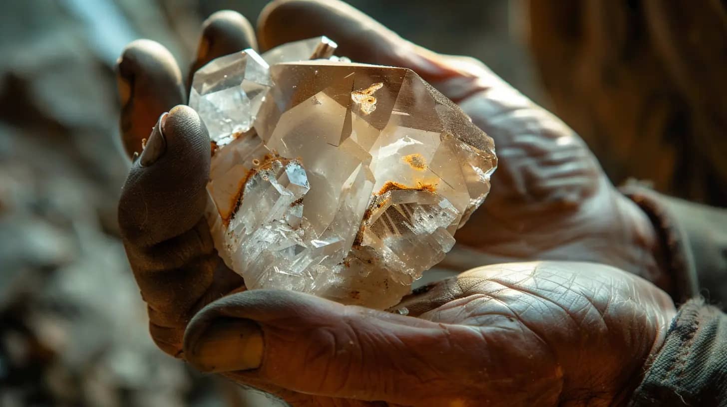 Miner's hand holding a pure quartz crystal