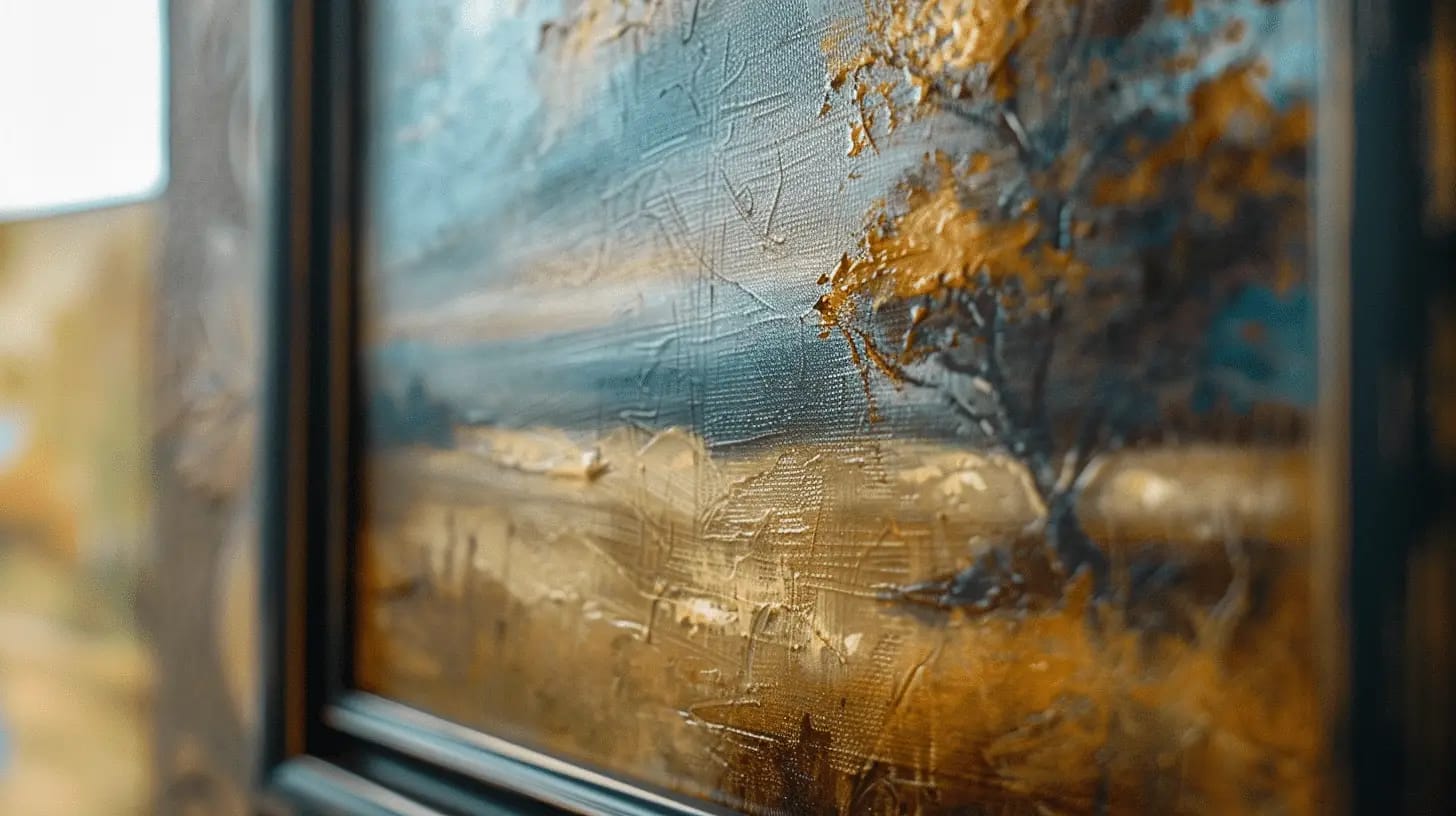 Modern landscape painting featuring abstract shapes and vibrant colors