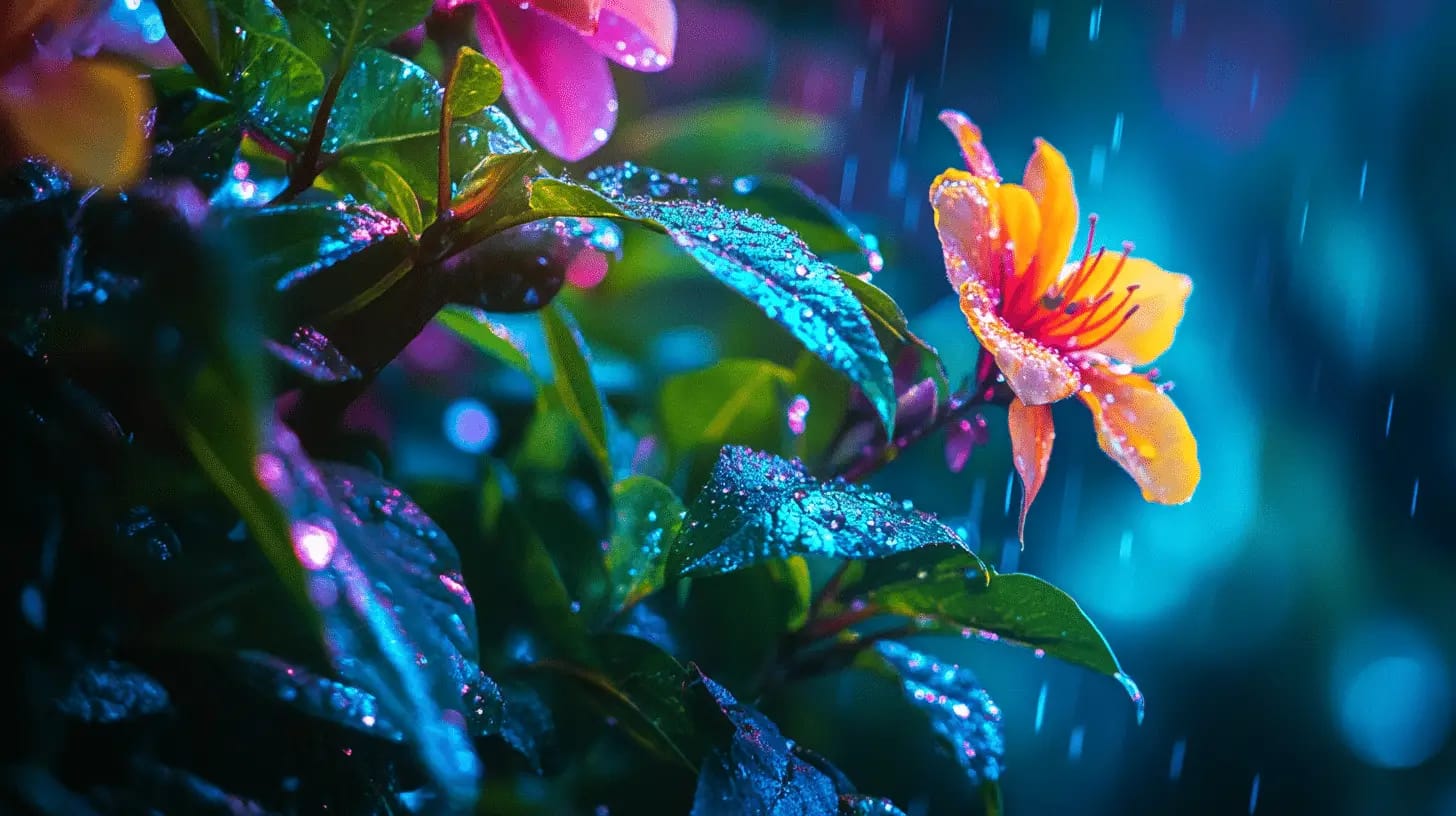 moonlit garden with vibrant flowers