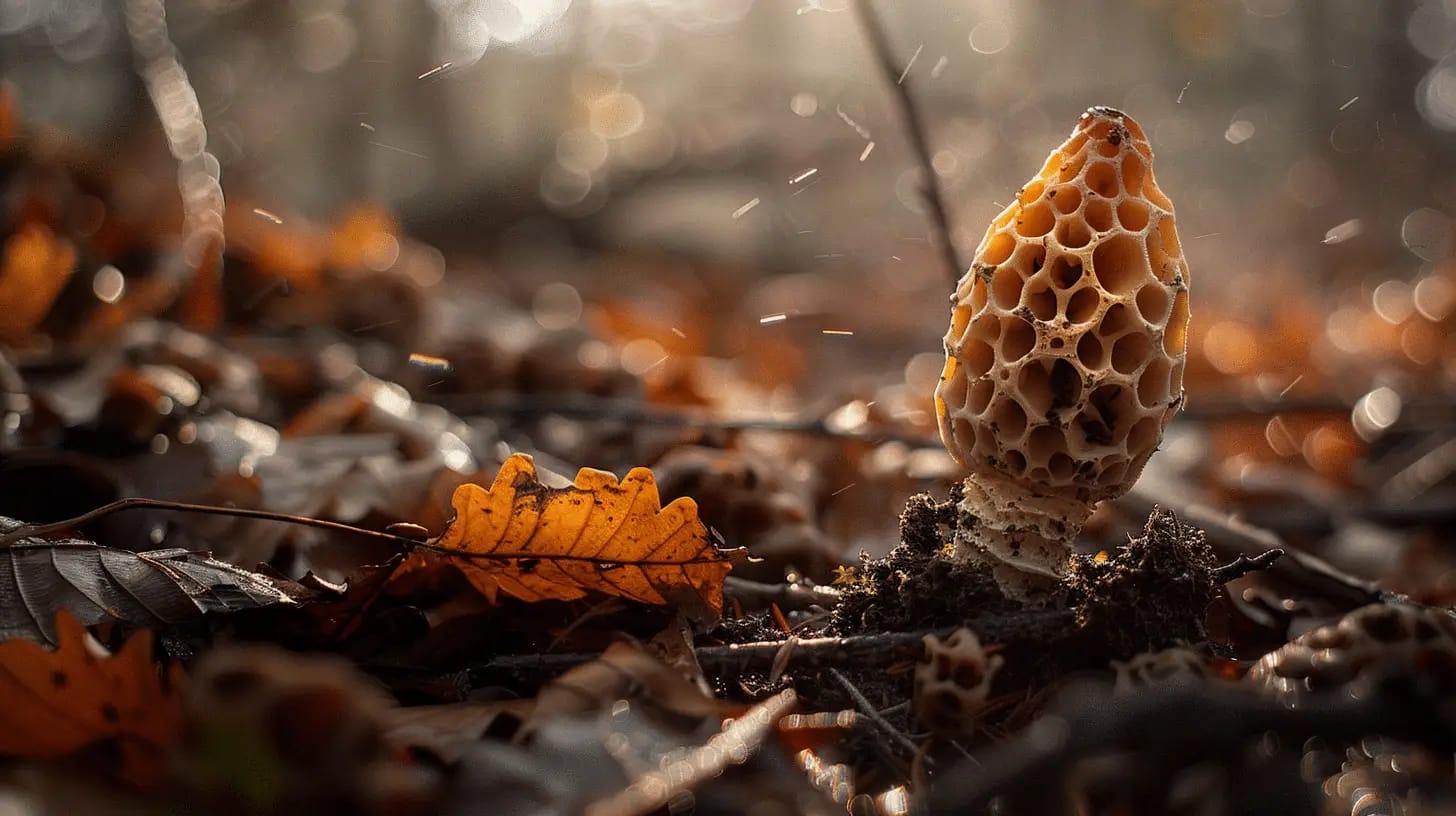 Close-up of a morel mushroom growing on a forest floor