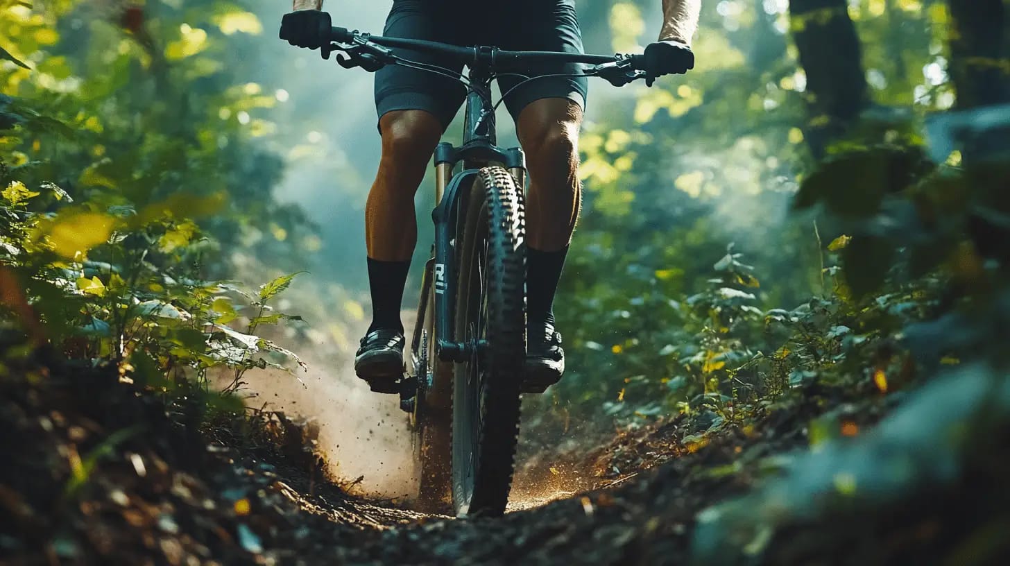 Mountain biker with intense focus navigating a rugged trail in a challenging outdoor landscape
