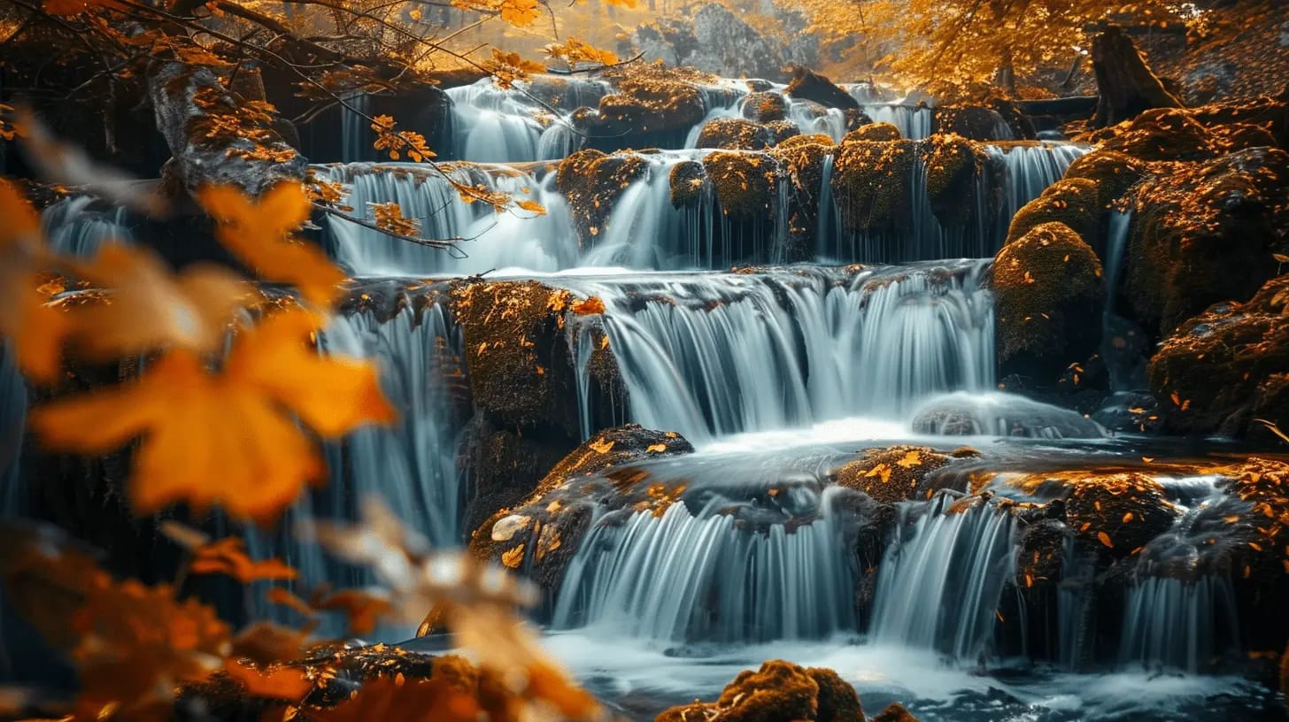 Multi-tiered waterfall cascading through a forest adorned with vibrant fall colors