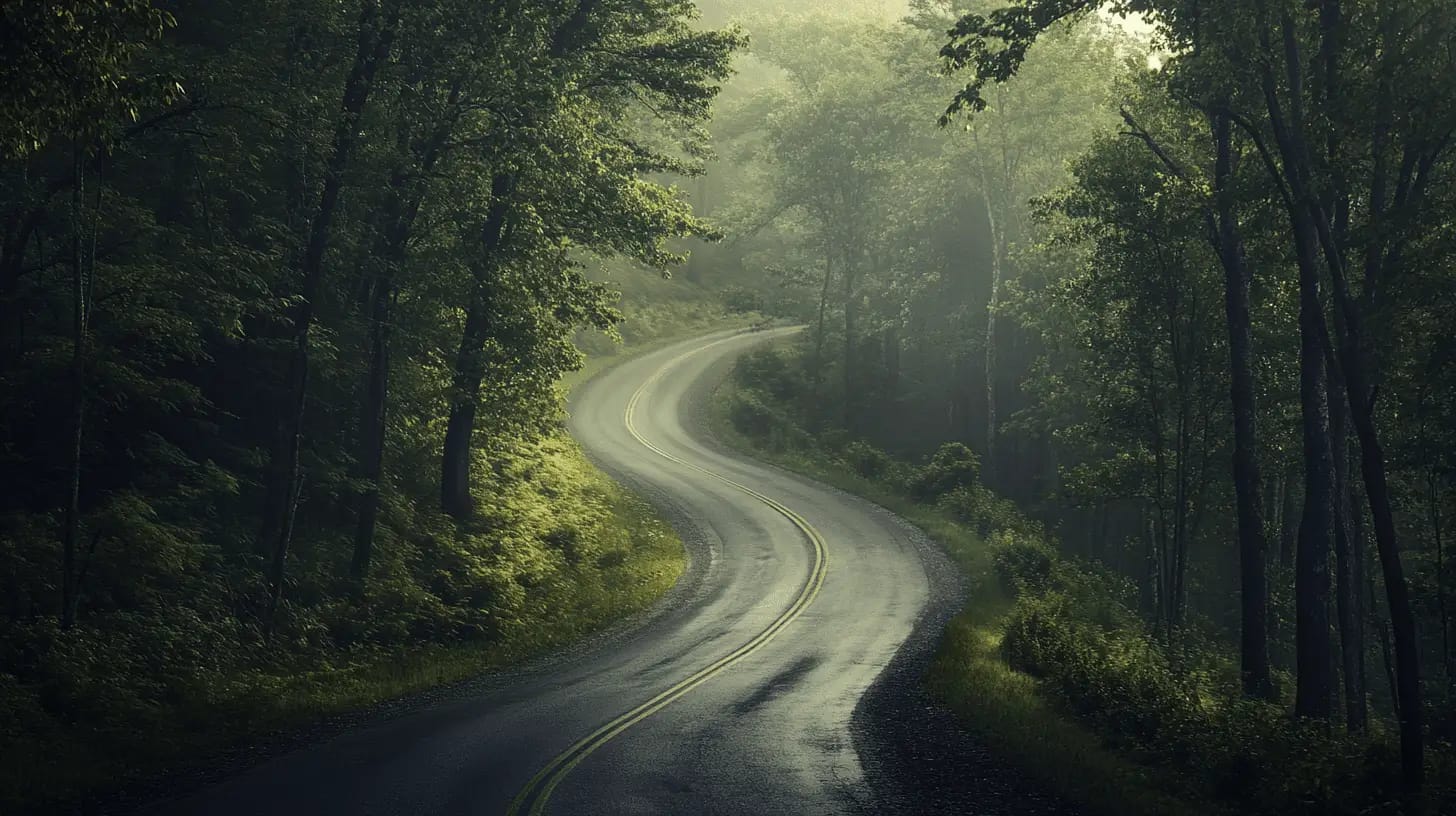 Mysterious forest road shrouded in morning mist, lined with tall trees