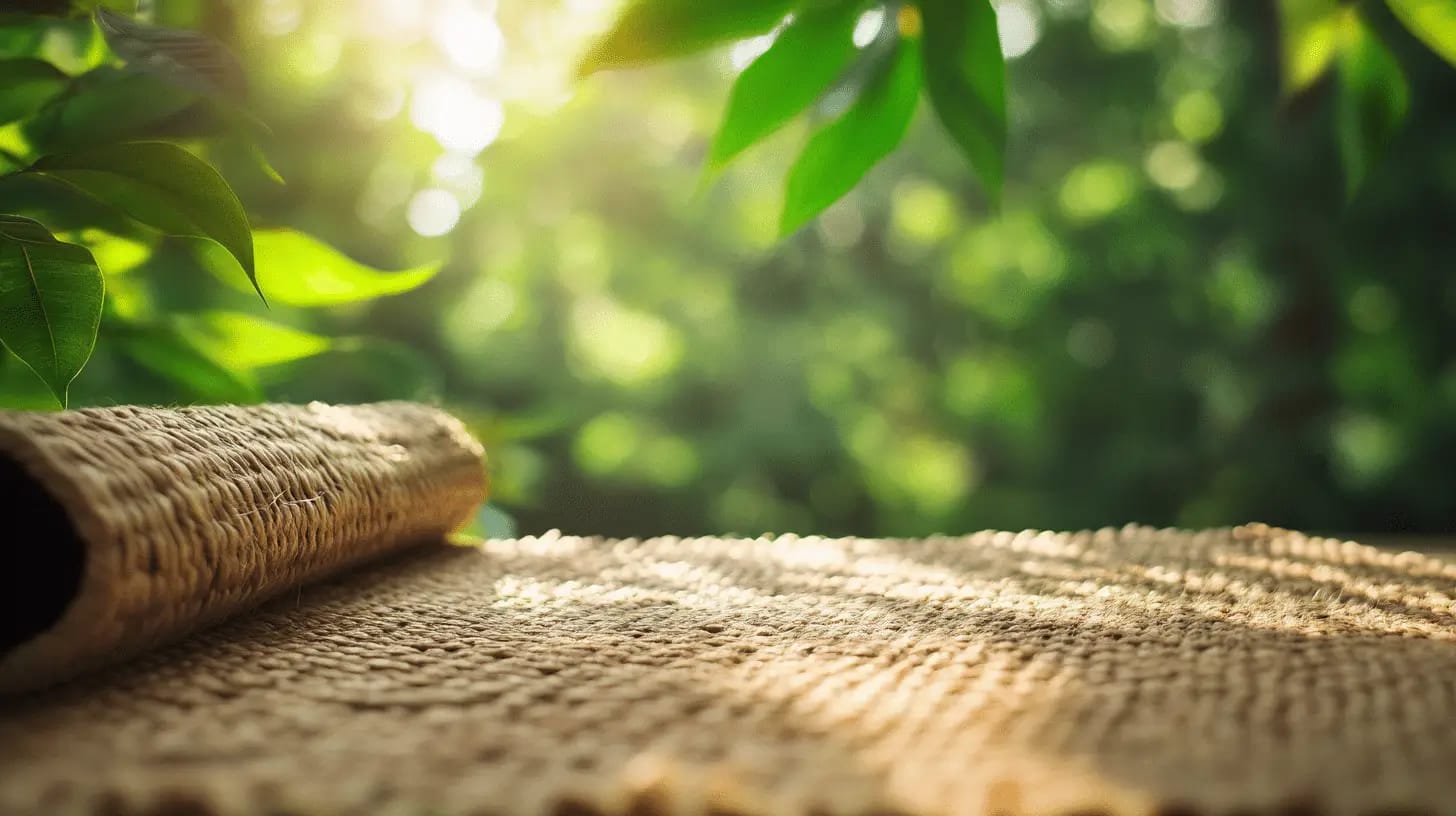 Natural fiber yoga mat unrolled in the soft morning light