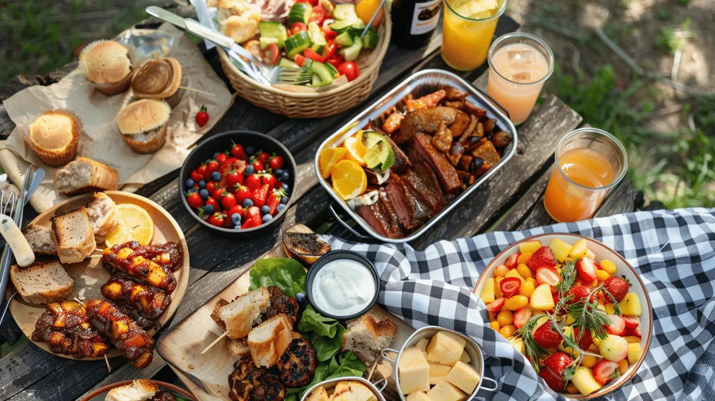 A picnic spread featuring Southern BBQ, fresh fruits, and desserts.