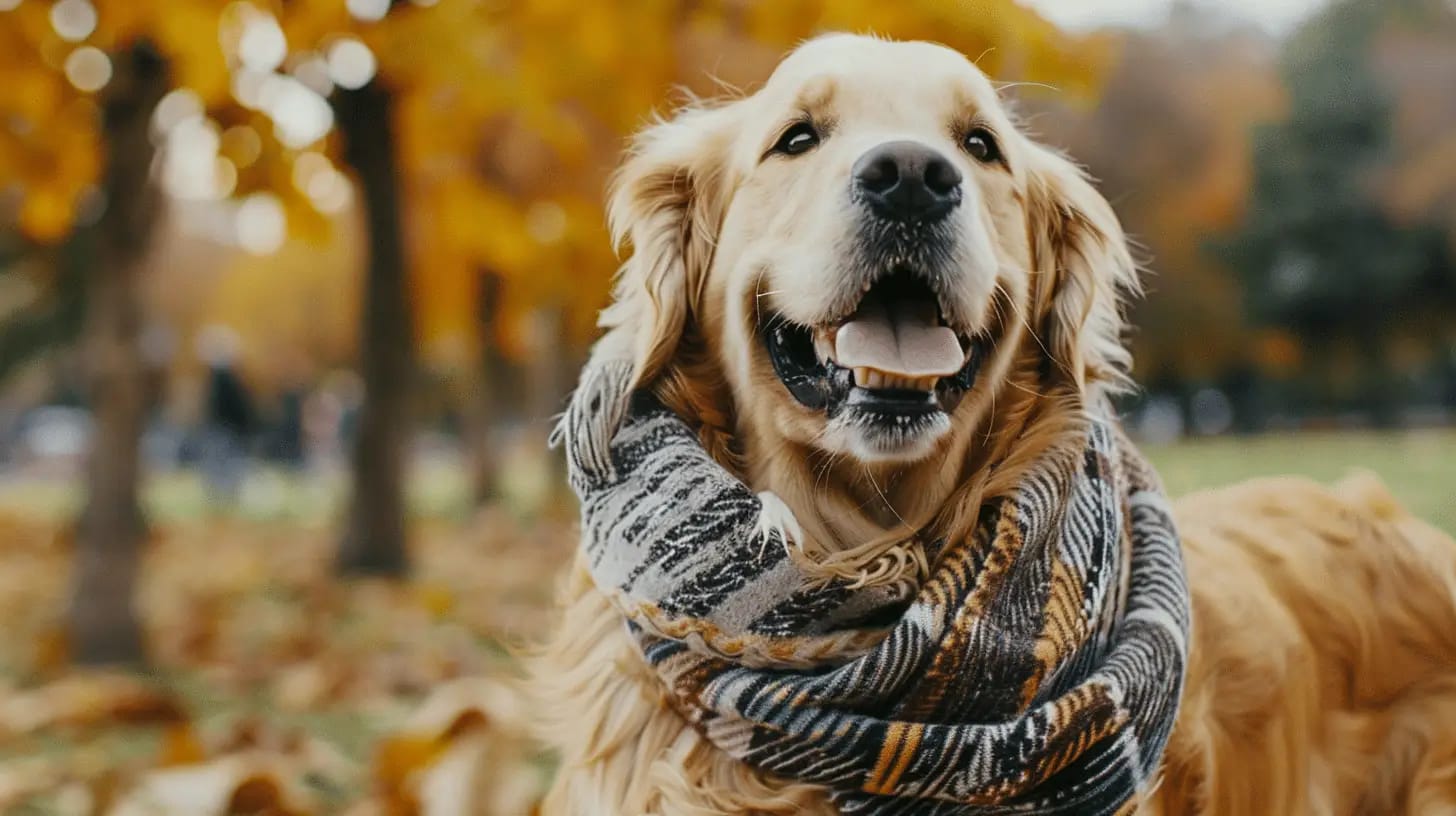 Playful dog wearing a scarf, enjoying outdoors