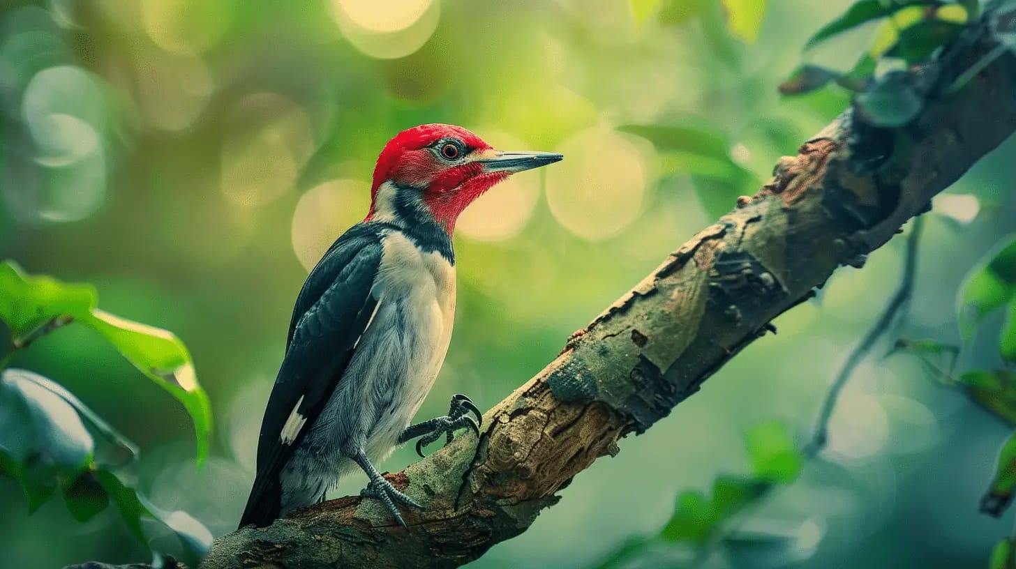 Red-headed woodpecker perched on a tree branch