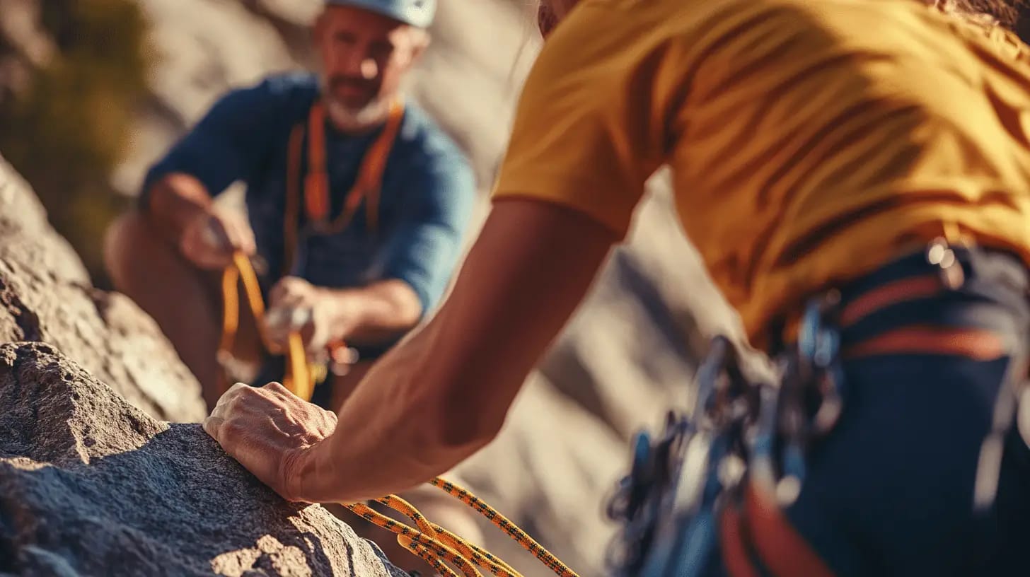 Rock climbing guide teaching rope techniques to a group of climbers