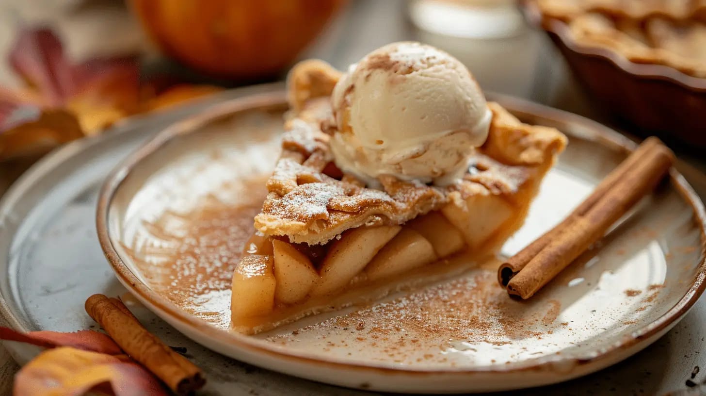 A rustic apple pie served with a scoop of vanilla ice cream