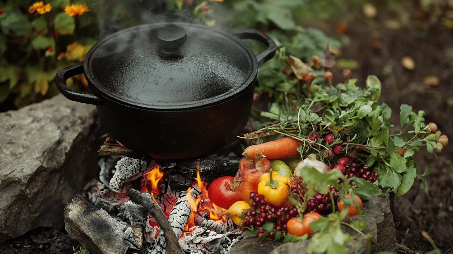 Rustic campfire with a cast iron pot cooking vegetables, surrounded by nature