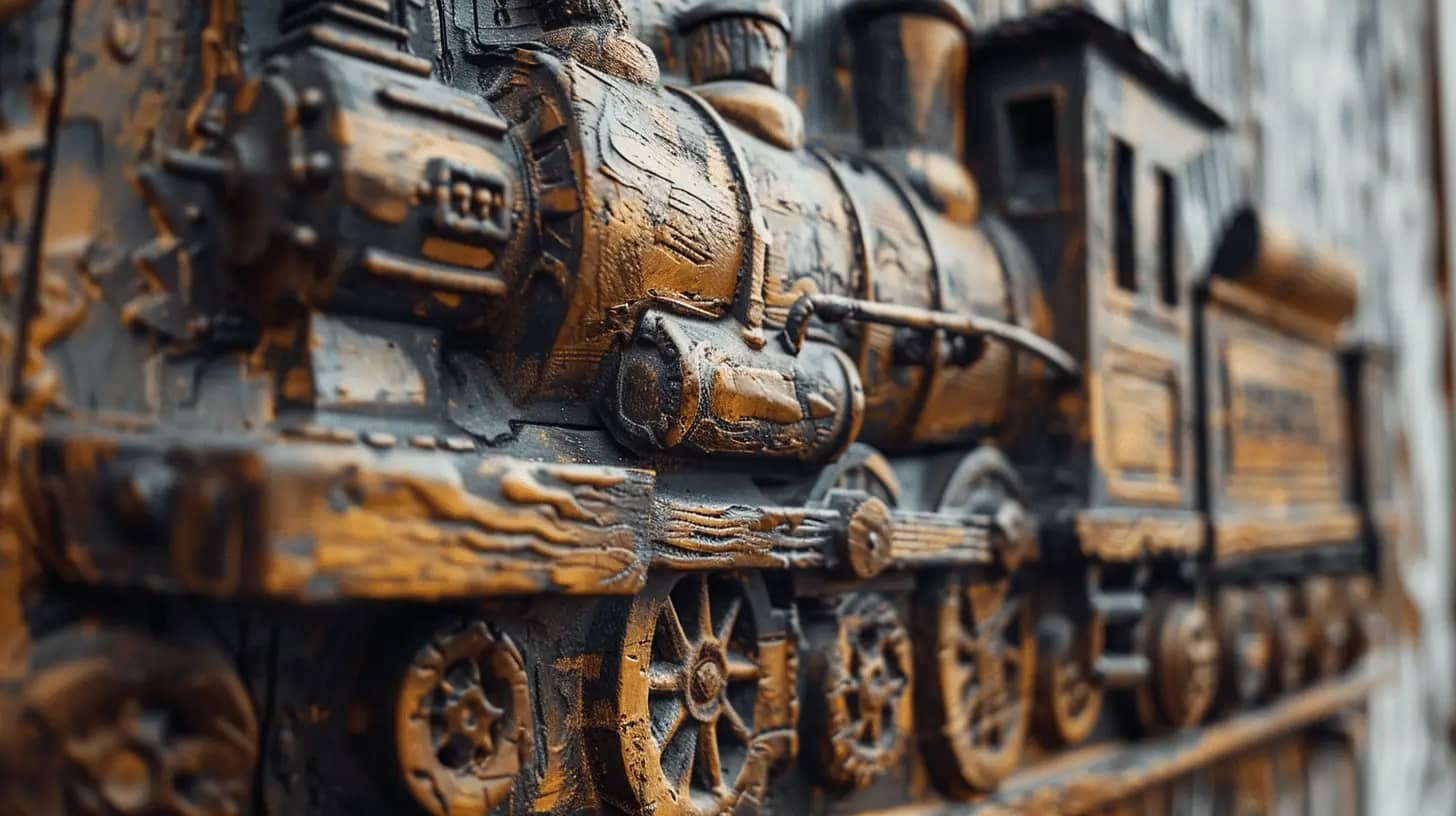 Rustic hand-painted wooden sign featuring a train