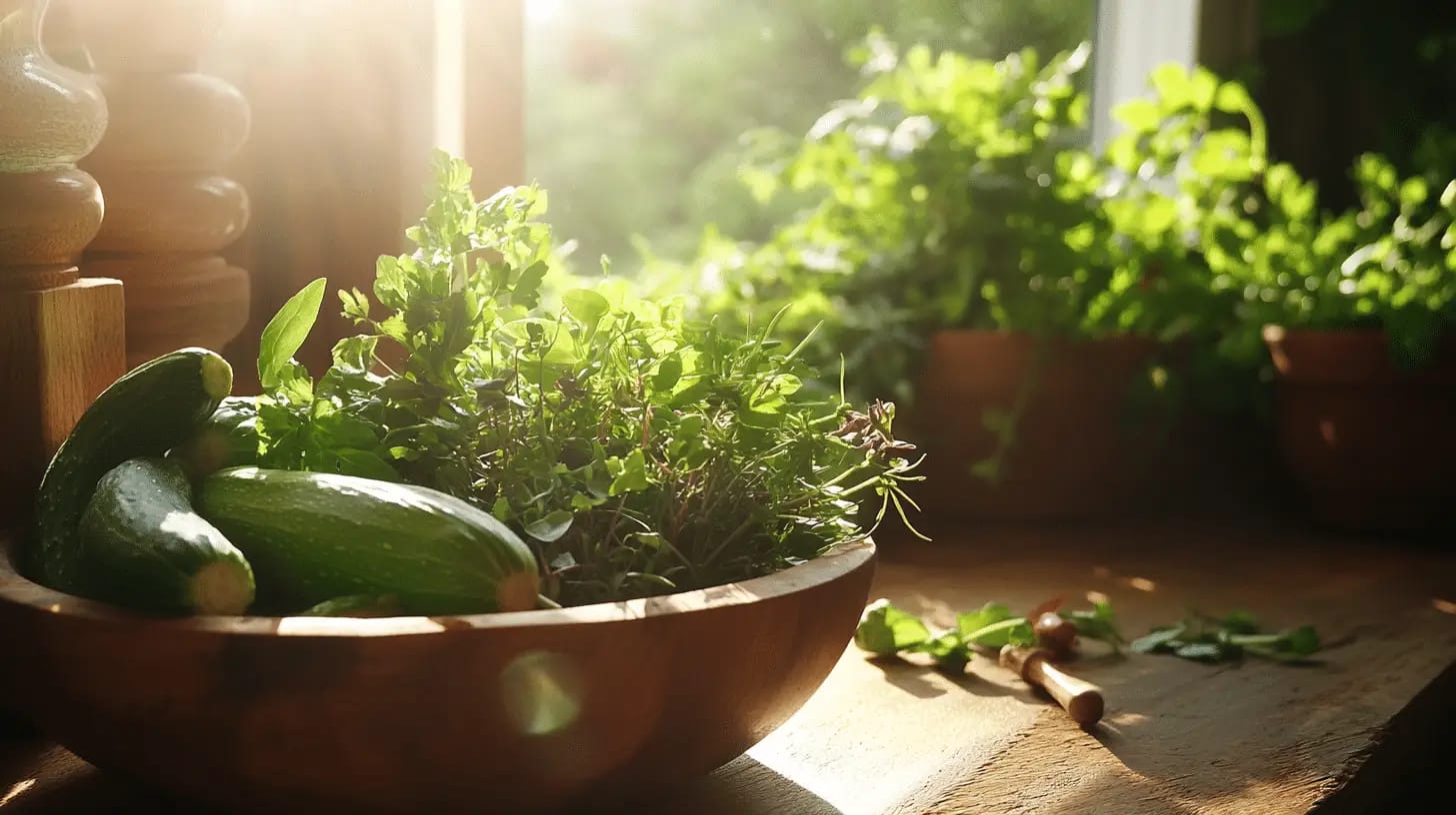 rustic kitchen table with fresh herbs