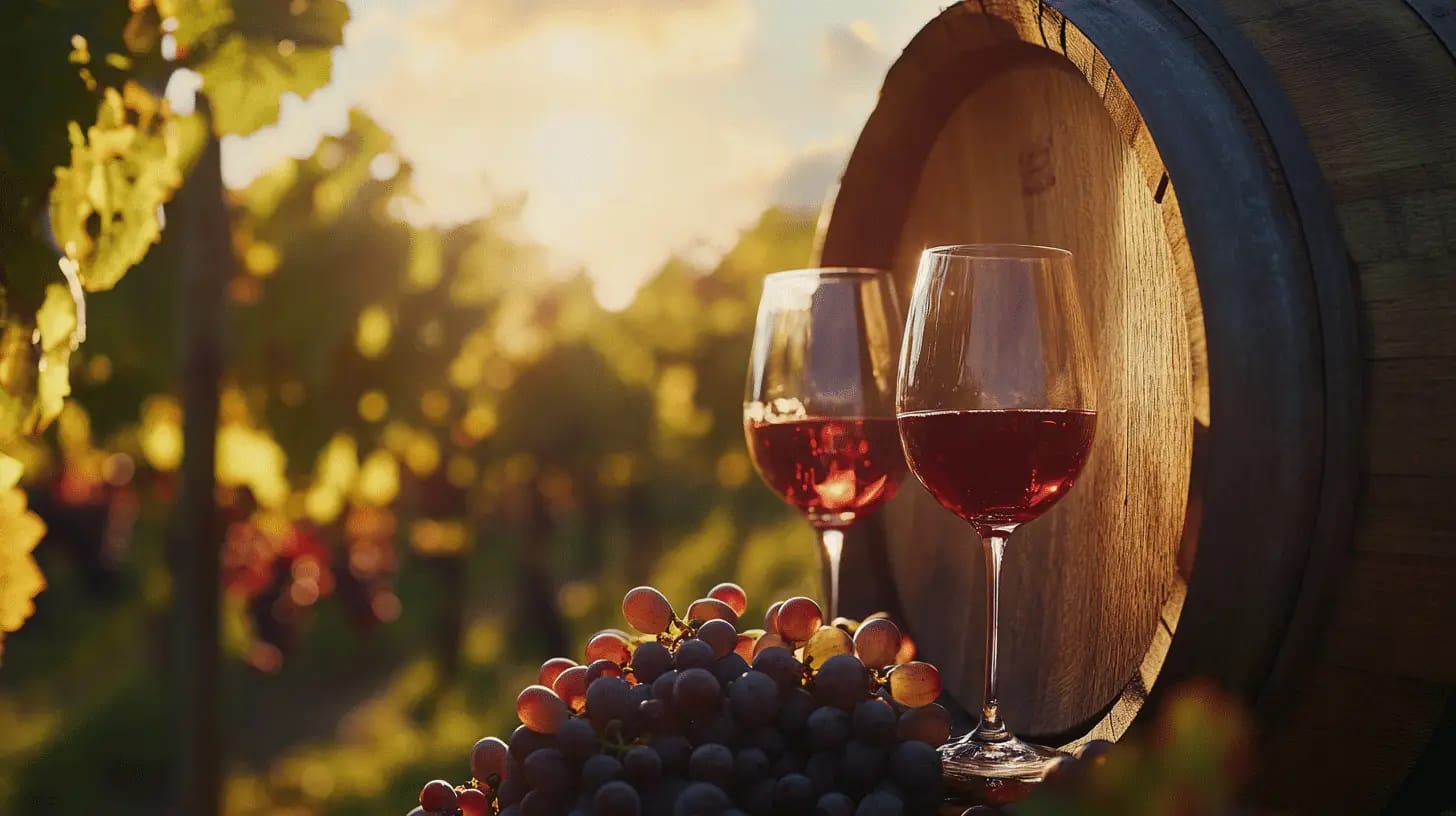 Rustic wine barrel with glasses of wine on a vineyard