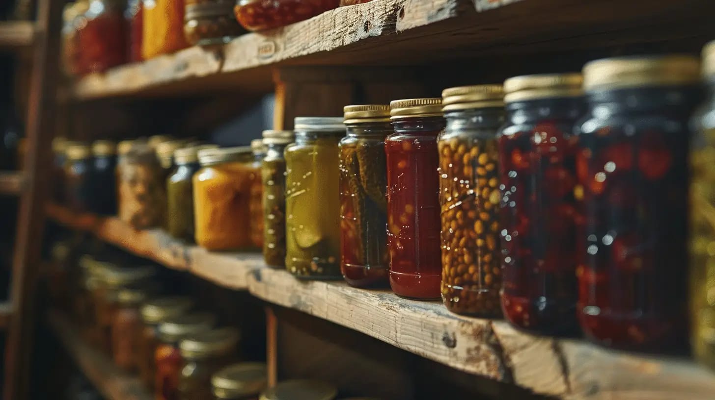 Rustic wooden shelf displaying homemade jars filled with preserves