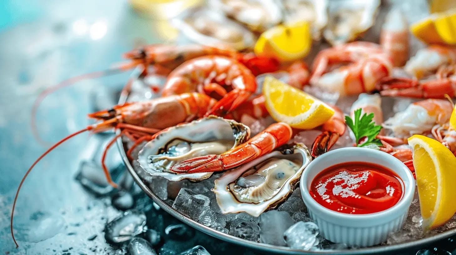 Seafood platter with shrimp, oysters, crab, and claws