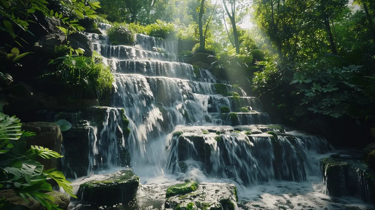 serene multi level waterfall on spring