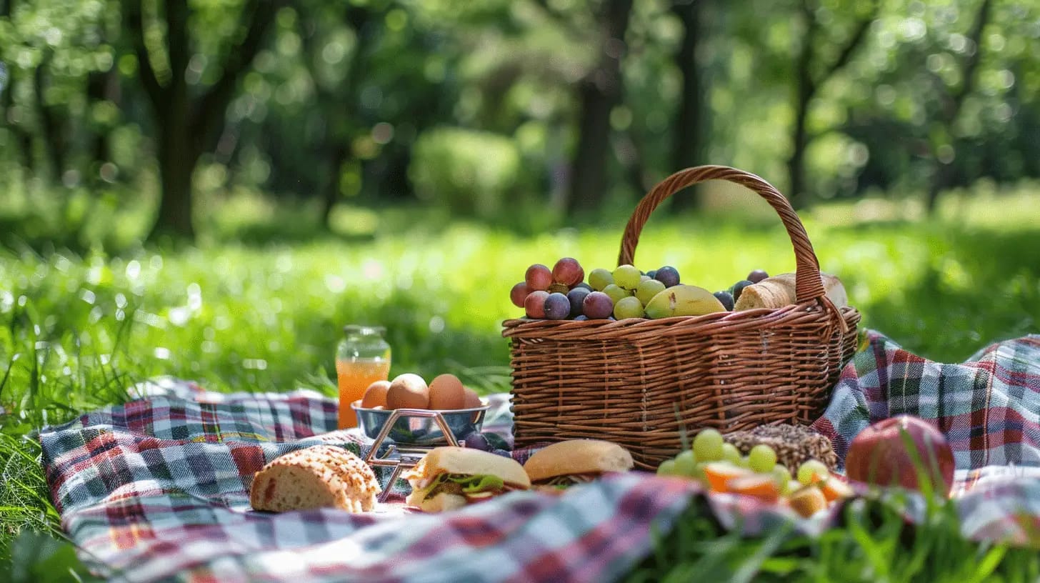 Serene picnic setup with a checkered blanket spread on the grass, surrounded by nature and outdoor essentials