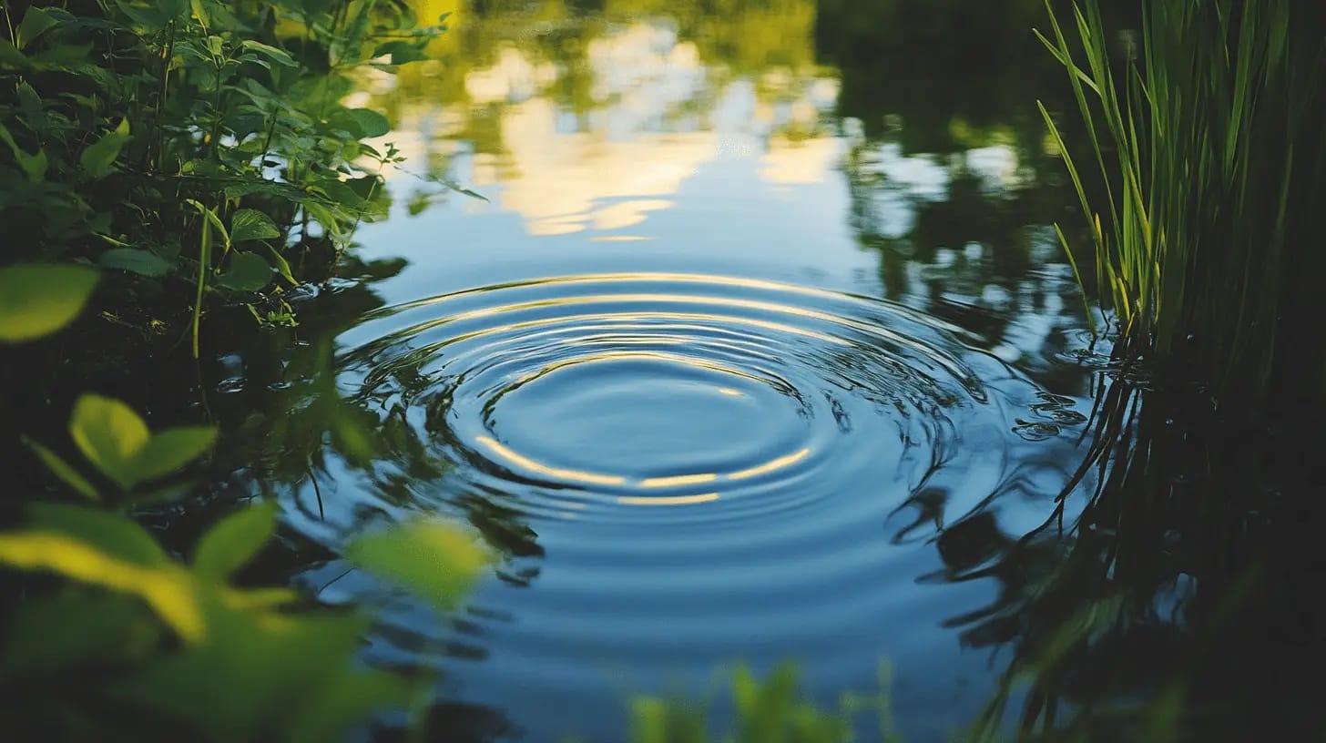 Serene spring pond reflecting the golden light of a peaceful morning