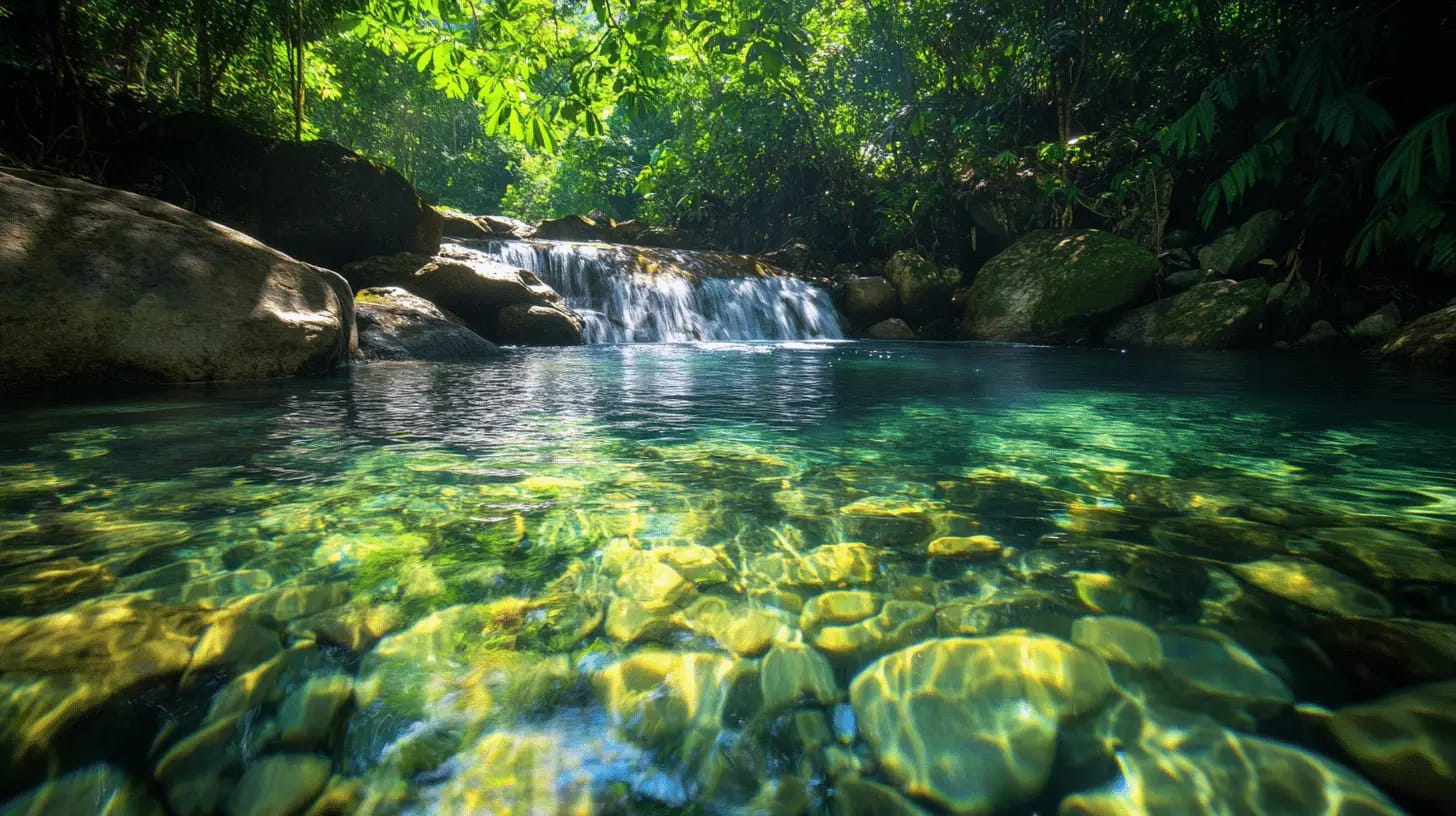 Serene swimming hole with a waterfall surrounded by lush greenery