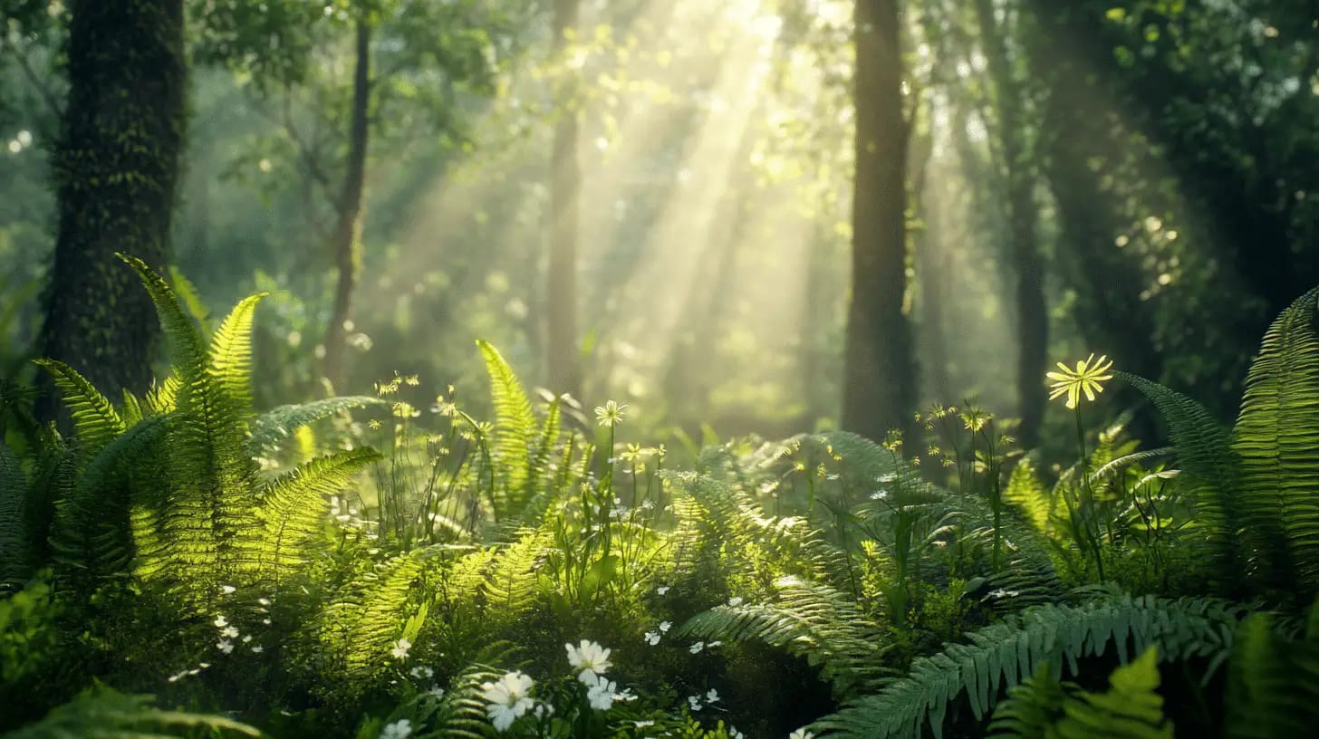 Serene woodland scene with lush ferns and blooming wildflowers