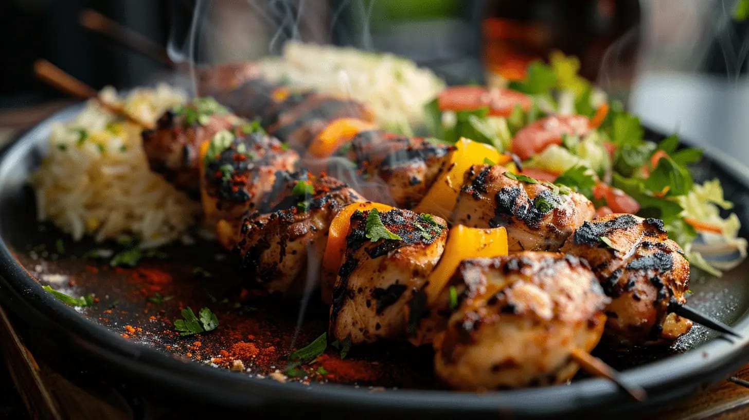 Sizzling jerk chicken skewer, richly seasoned and grilled