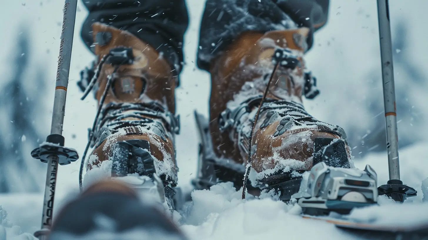 A person wearing ski boots resting in the snow