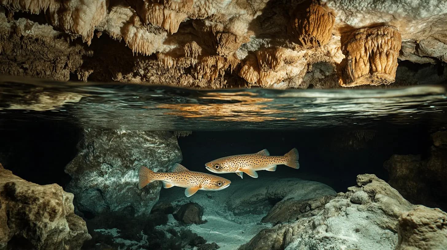 Underground cave with stalactites, stalagmites, and a stream