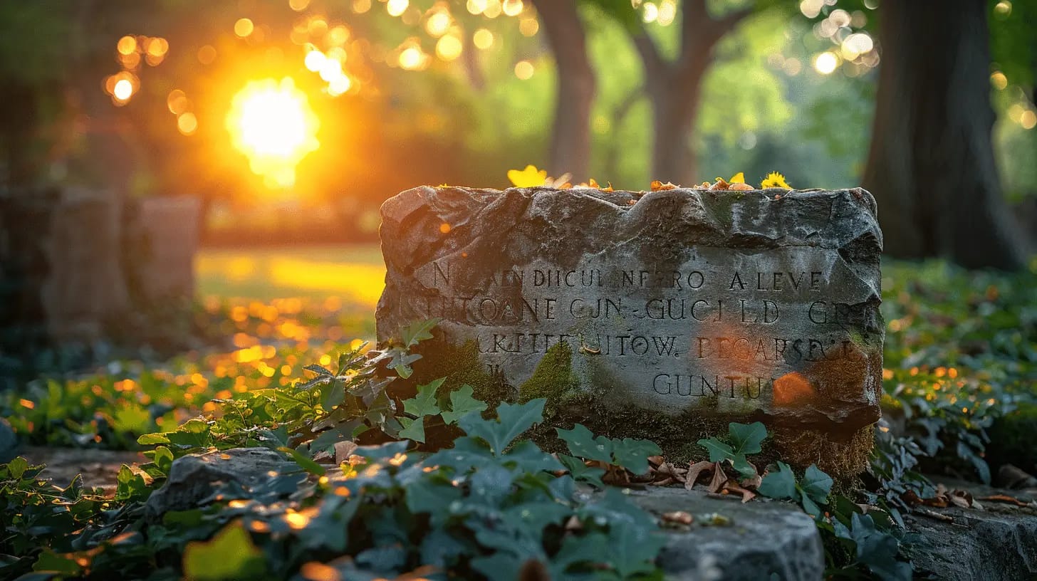 Sunlit stone blocks with engraved text