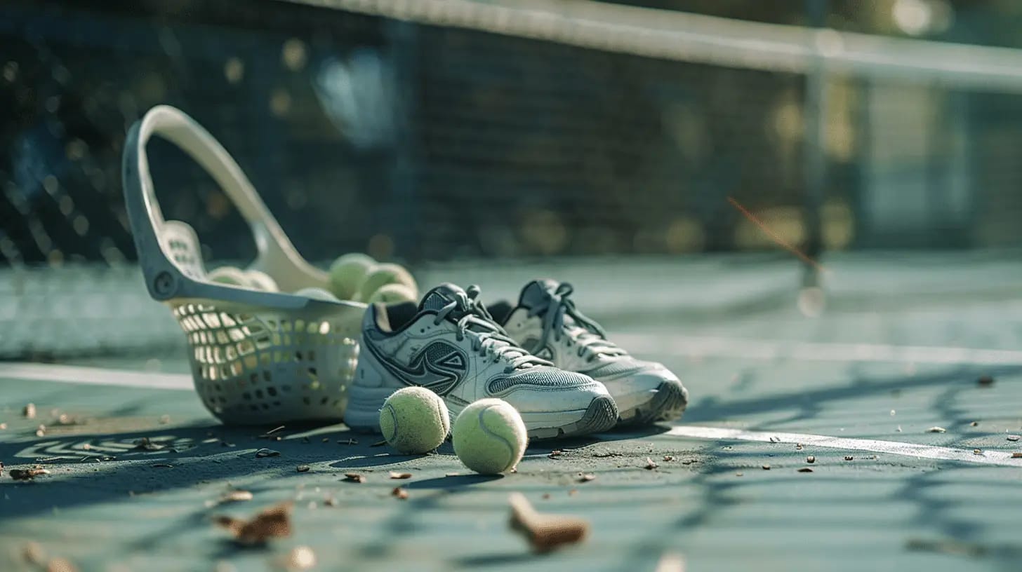 Tennis shoes on a court with a basket of balls nearby