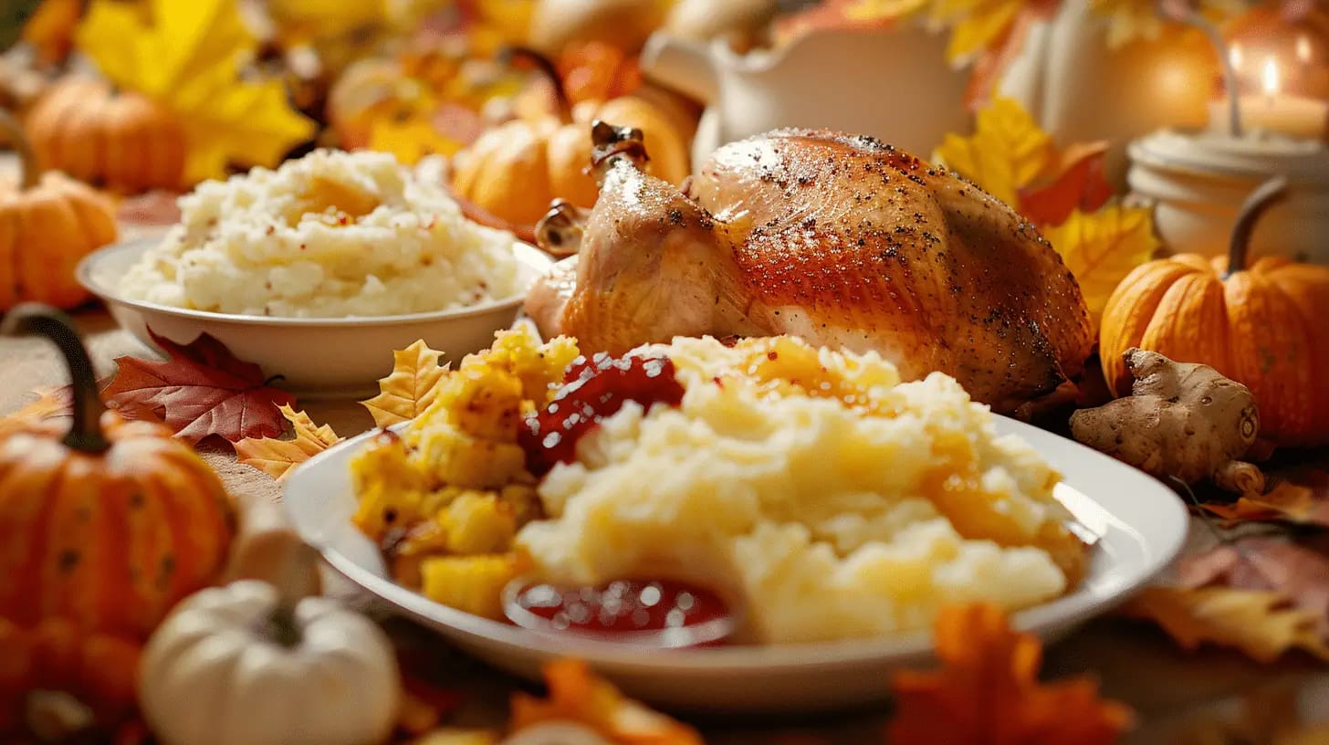 Thanksgiving feast including roasted turkey, stuffing, mashed potatoes, and seasonal vegetables, set on a festive table