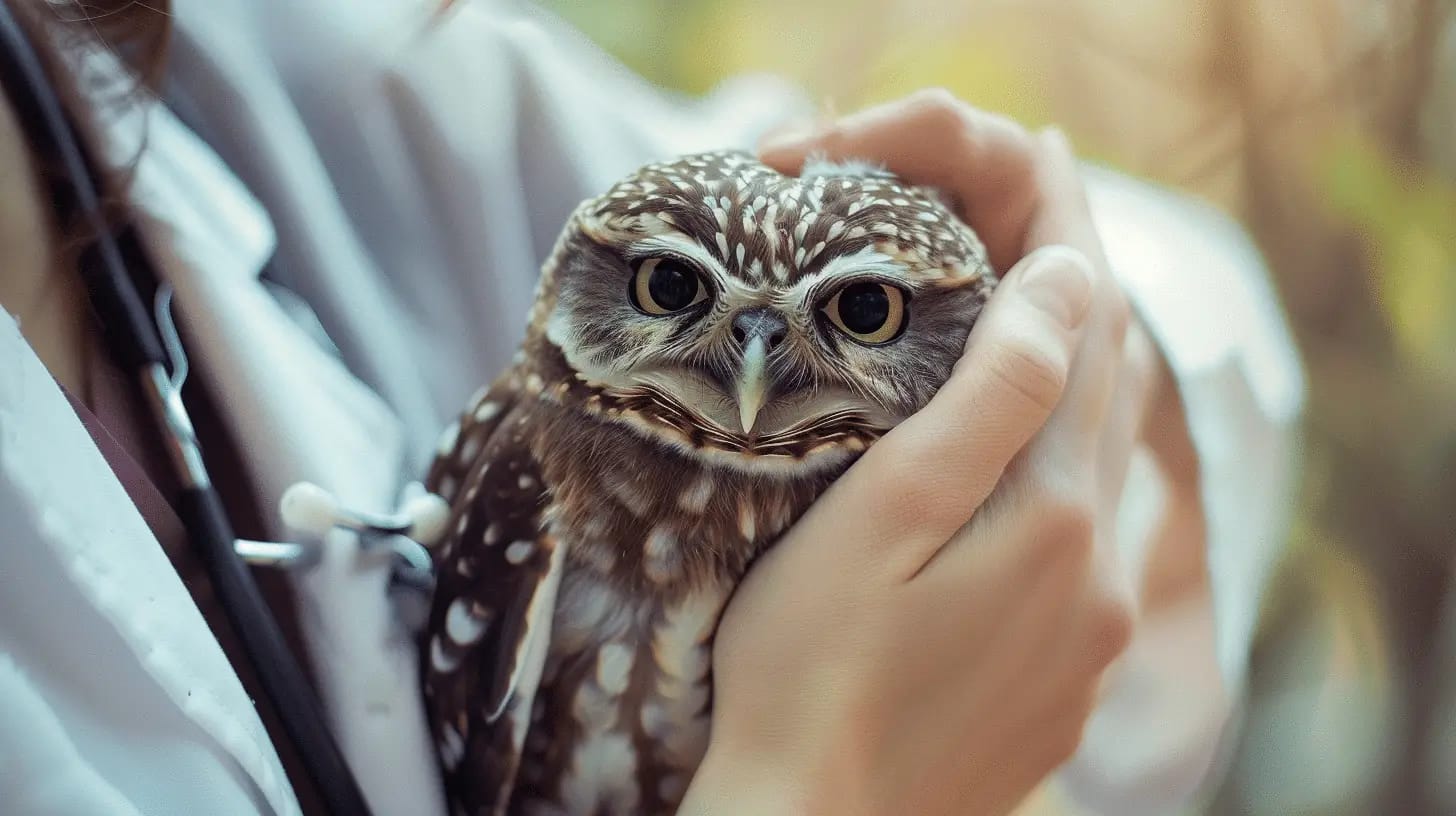 Veterinarian gently holding a young owl