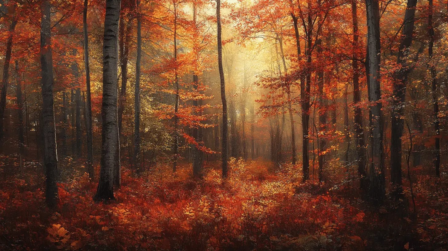Vibrant autumn leaves in a dense forest