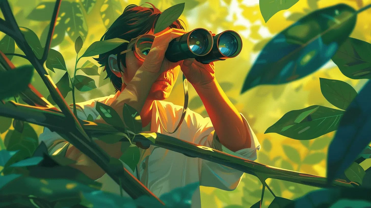 Vibrant birder identifying birds in the wild