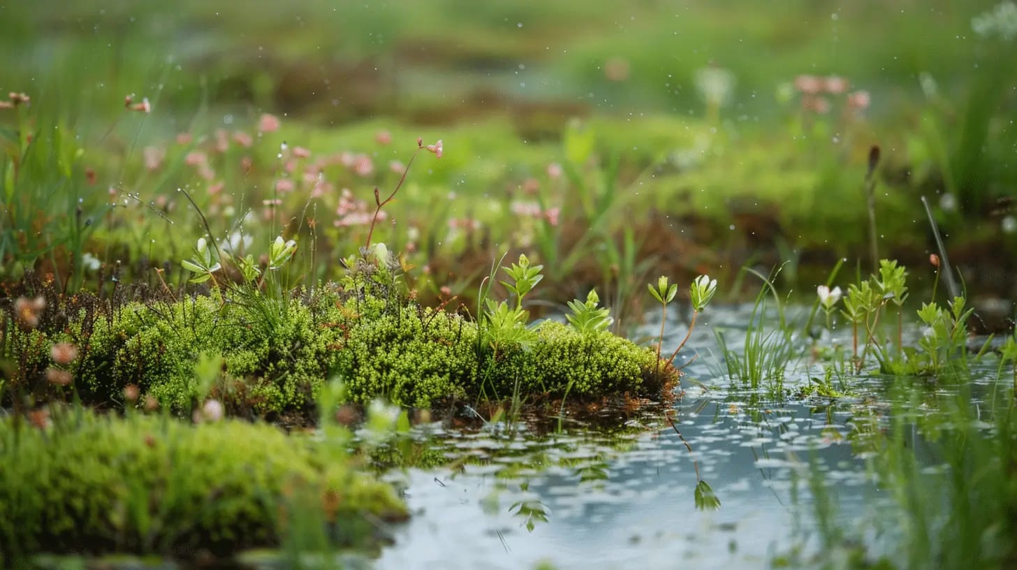 Close-up of a vibrant bog featuring lush moss and colorful wildflowers