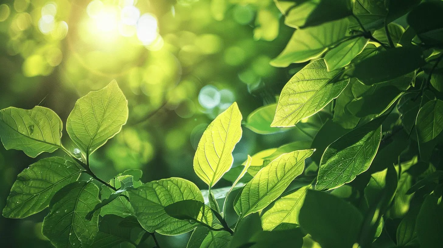 Vibrant green foliage bathed in warm sunlight