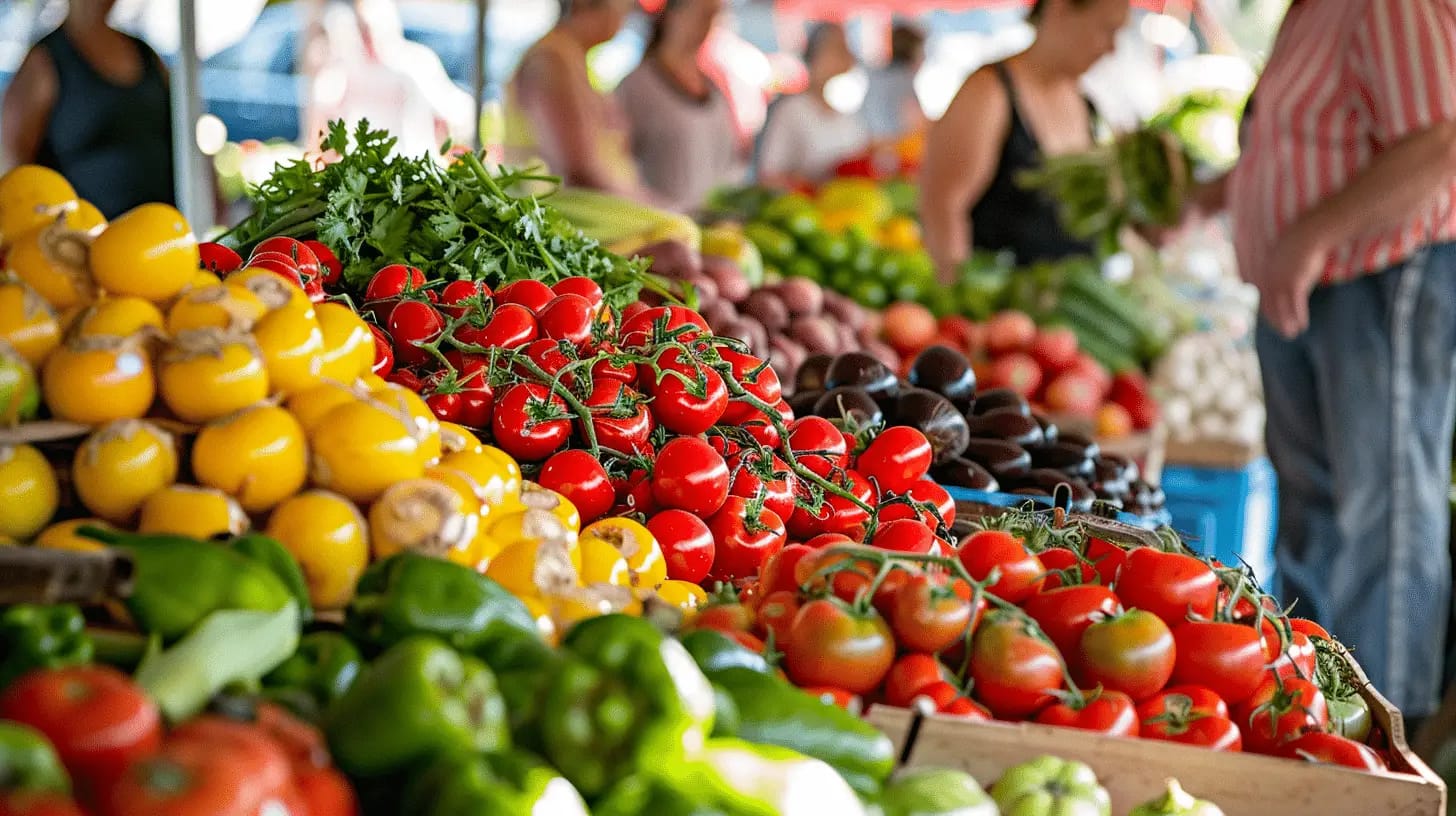 Vibrant market stalls filled with fresh produce, showcasing a colorful array of fruits and vegetables