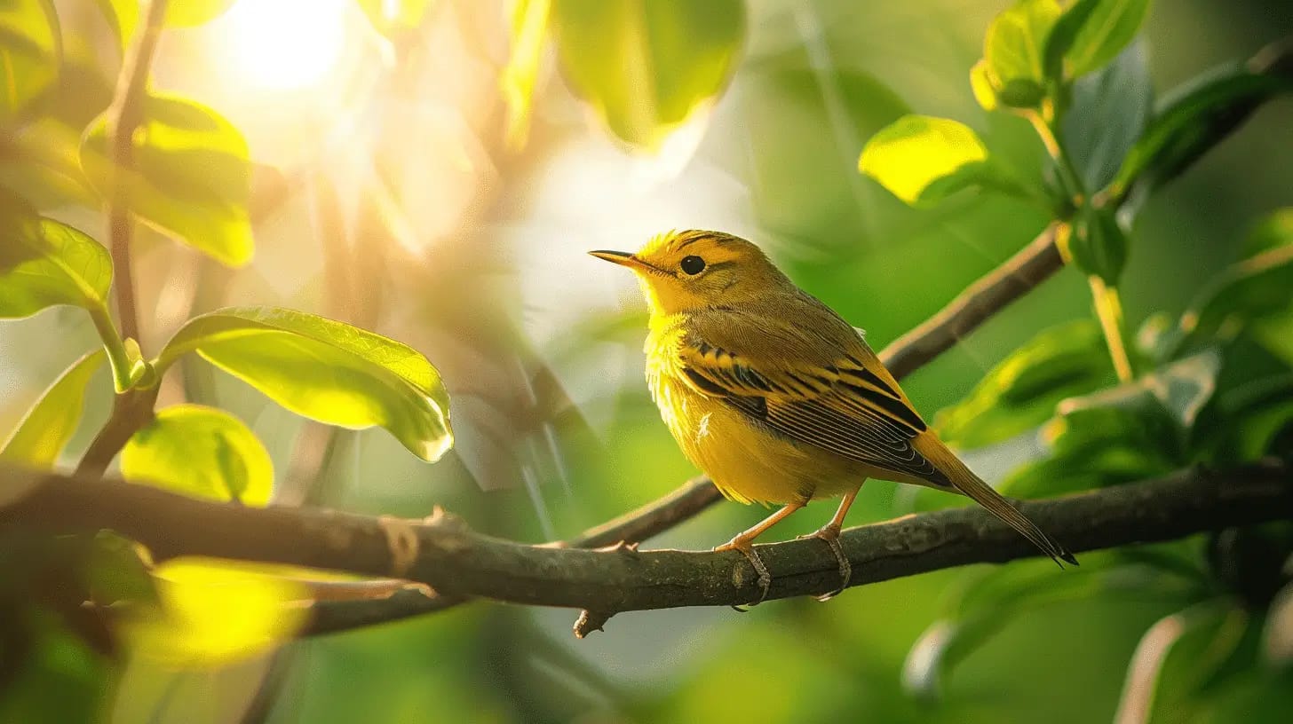 Vibrant warbler perched in lush greenery
