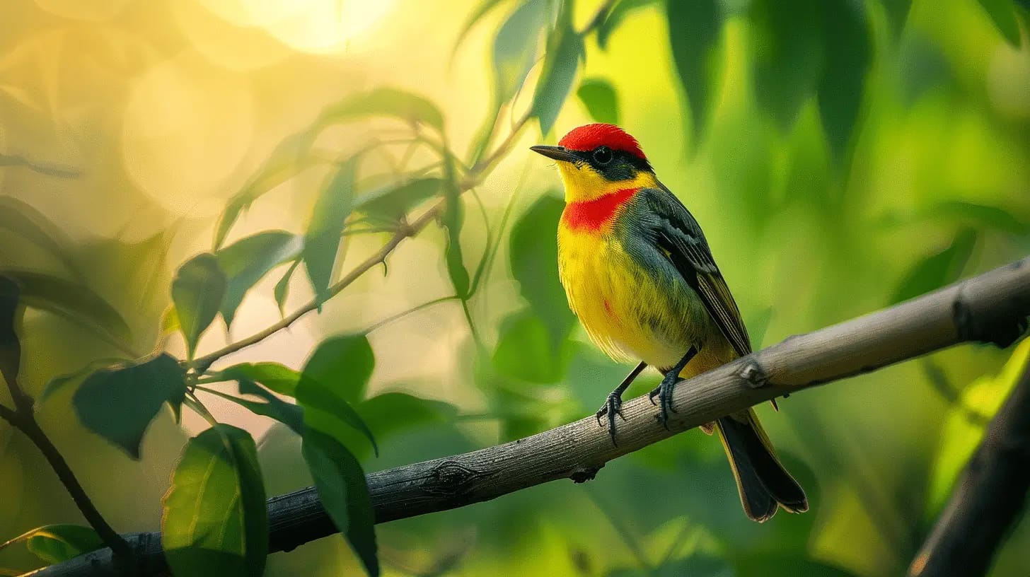 A vibrant warbler perched on a branch
