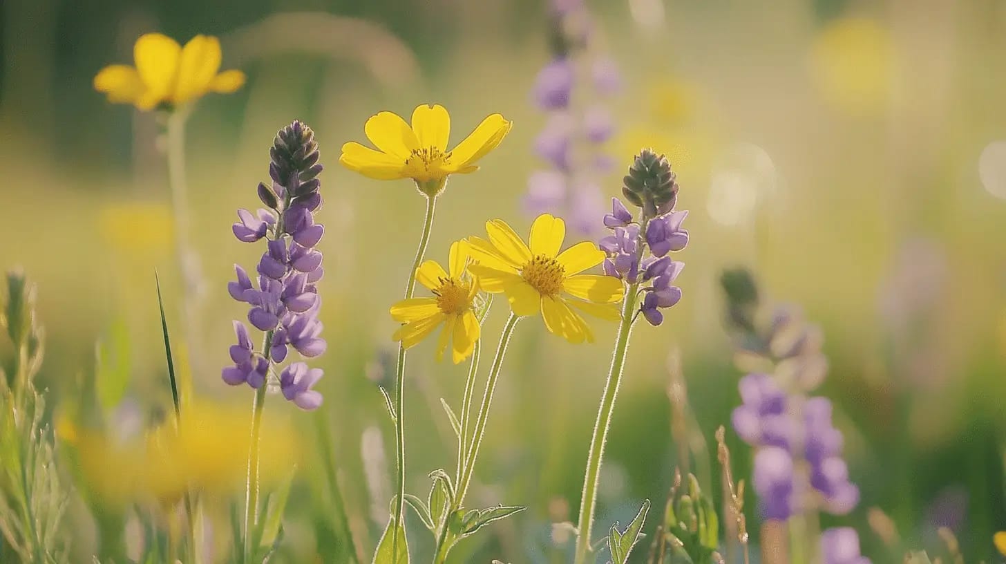 Vibrant yellow and purple wildflowers blooming