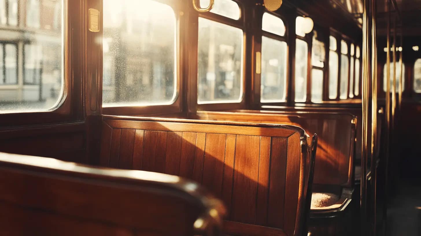 Interior of a vintage transport featuring wood paneling, brass accents, and classic windows