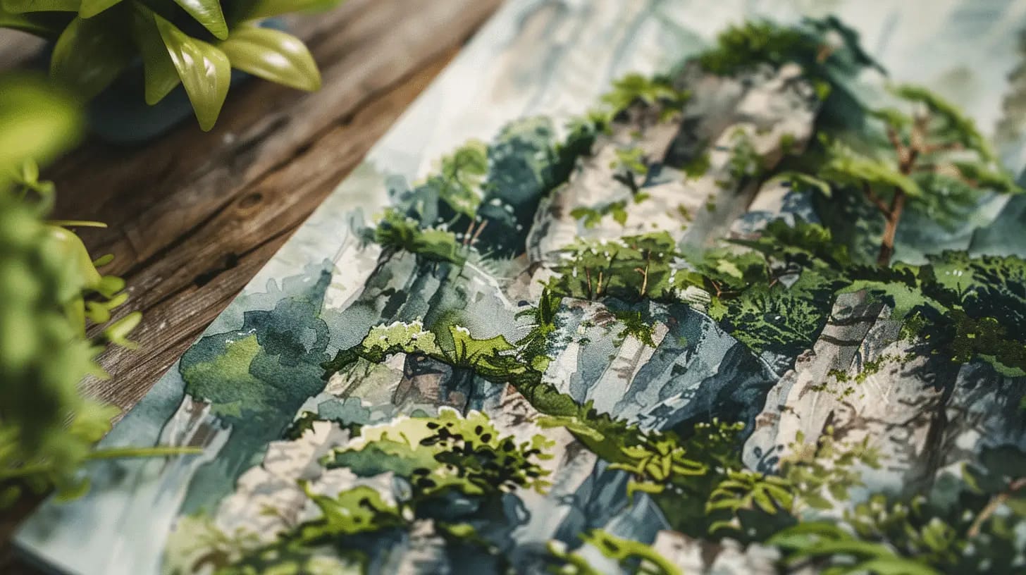 A watercolor postcard featuring lush greenery.