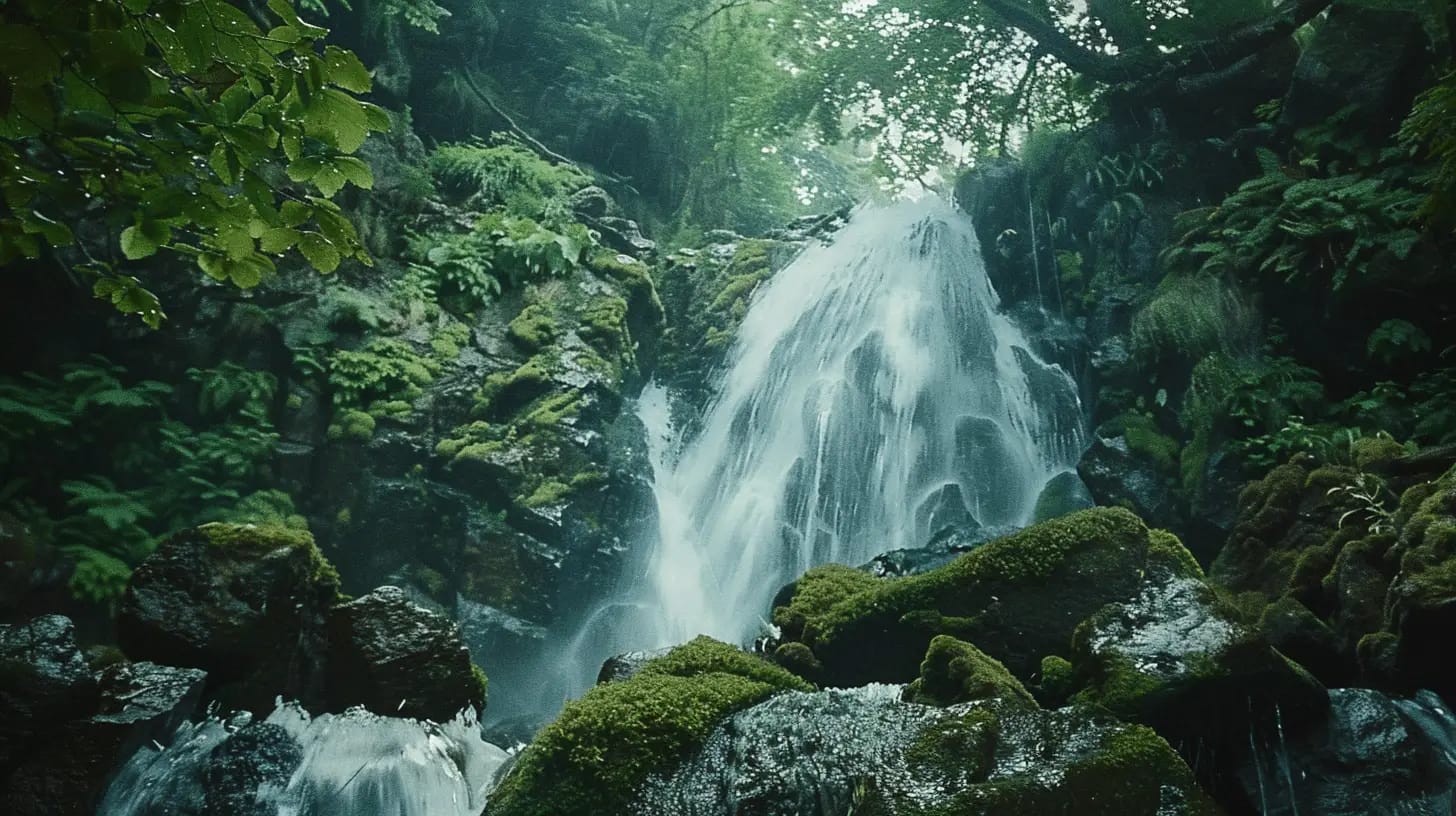 Waterfall flowing over mossy rocks in the morning