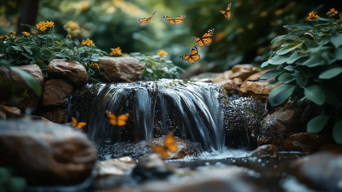 Waterfall cascading over smooth rocks surrounded by greenery with butterflies