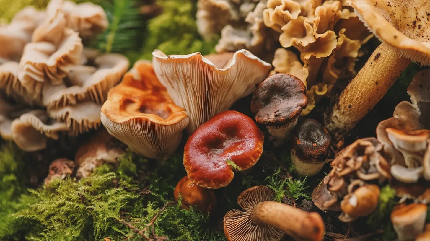 Wild mushrooms growing on the forest floor amidst fallen leaves and moss