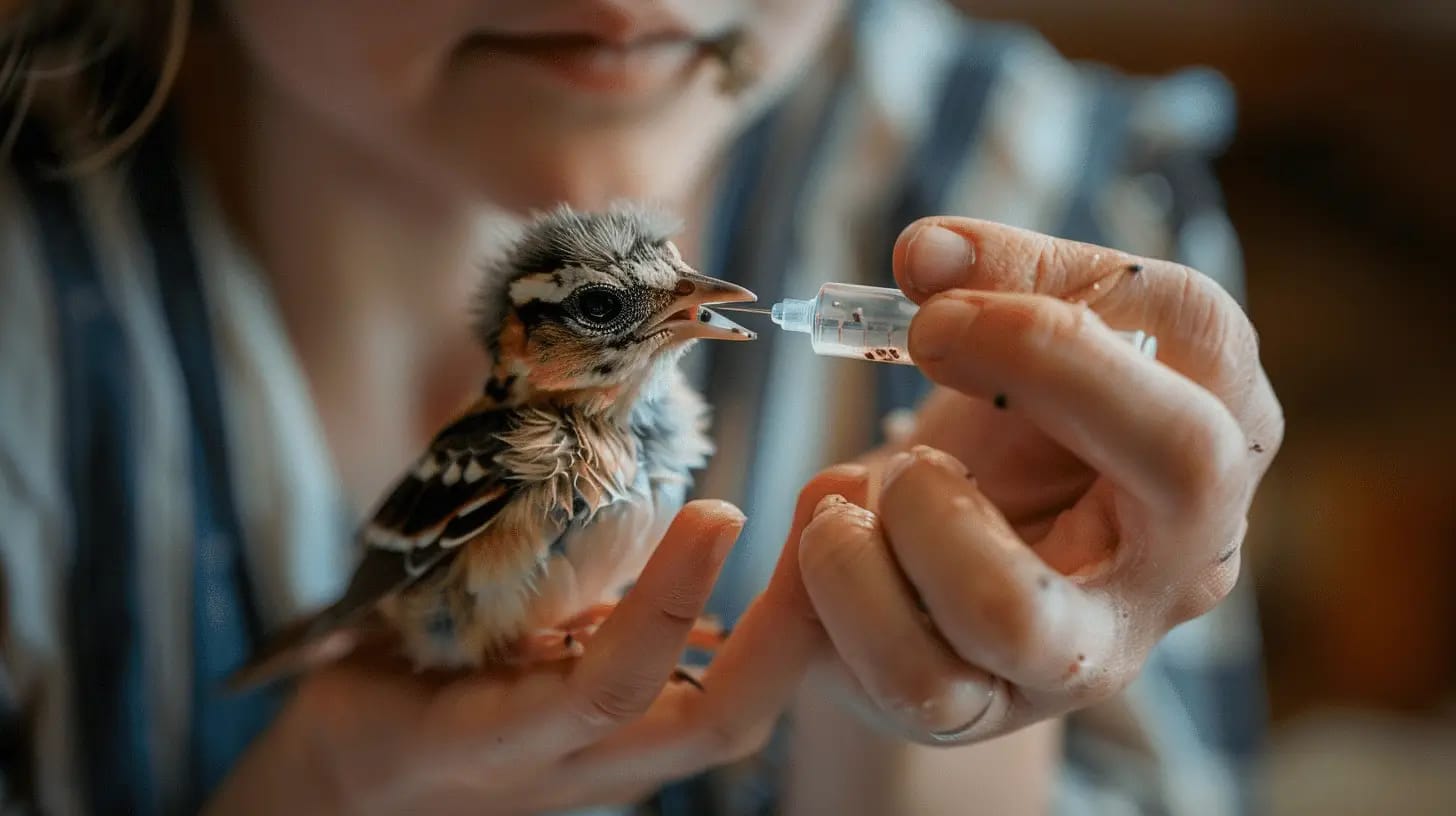 Wildlife rehabilitator gently feeding a baby bird