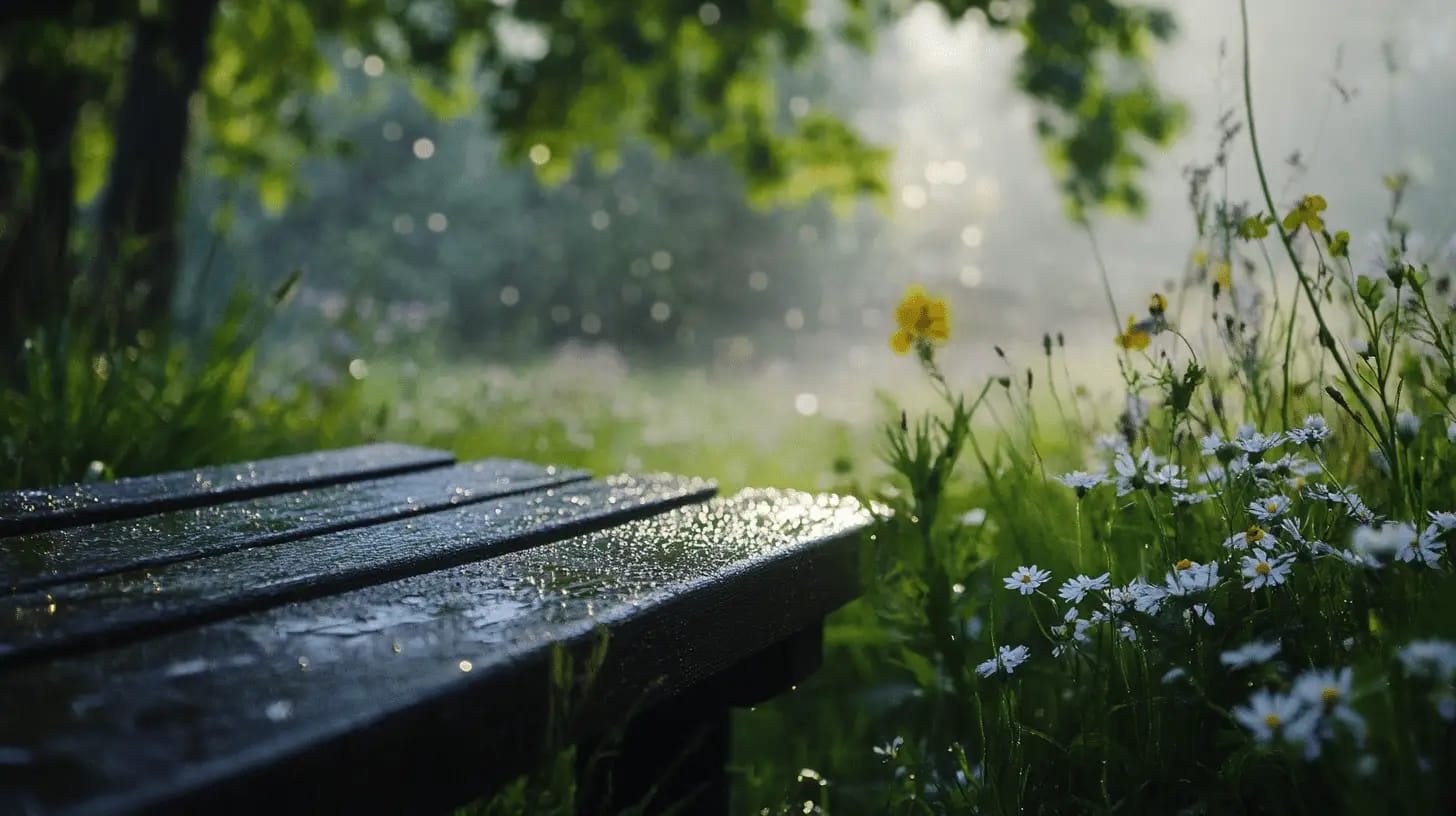 a bench in the rain
