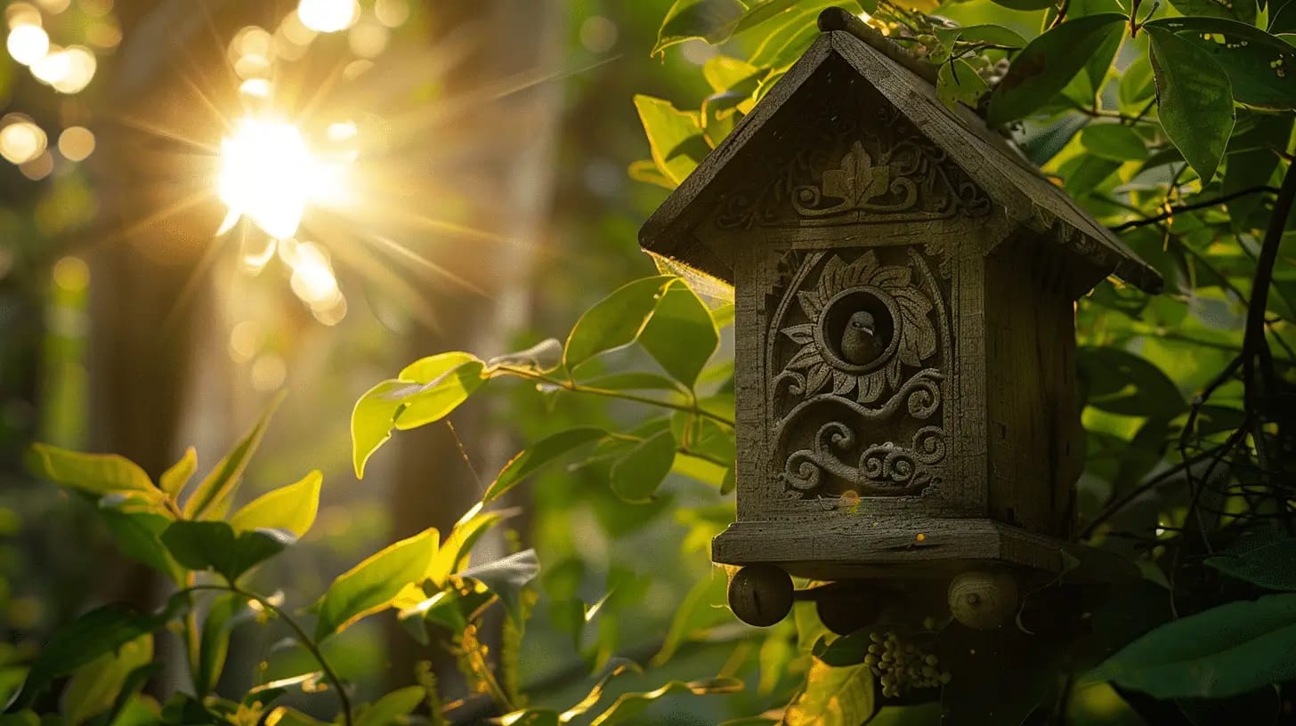 Wooden birdhouse with intricate carvings