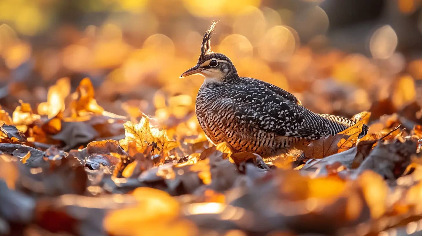 A small bird with a distinctive crest on its head stands among fallen autumn leaves, with sunlight casting a warm glow in the background. The bird's plumage is a mix of black, white, and brown patterns, blending beautifully with the surrounding foliage.