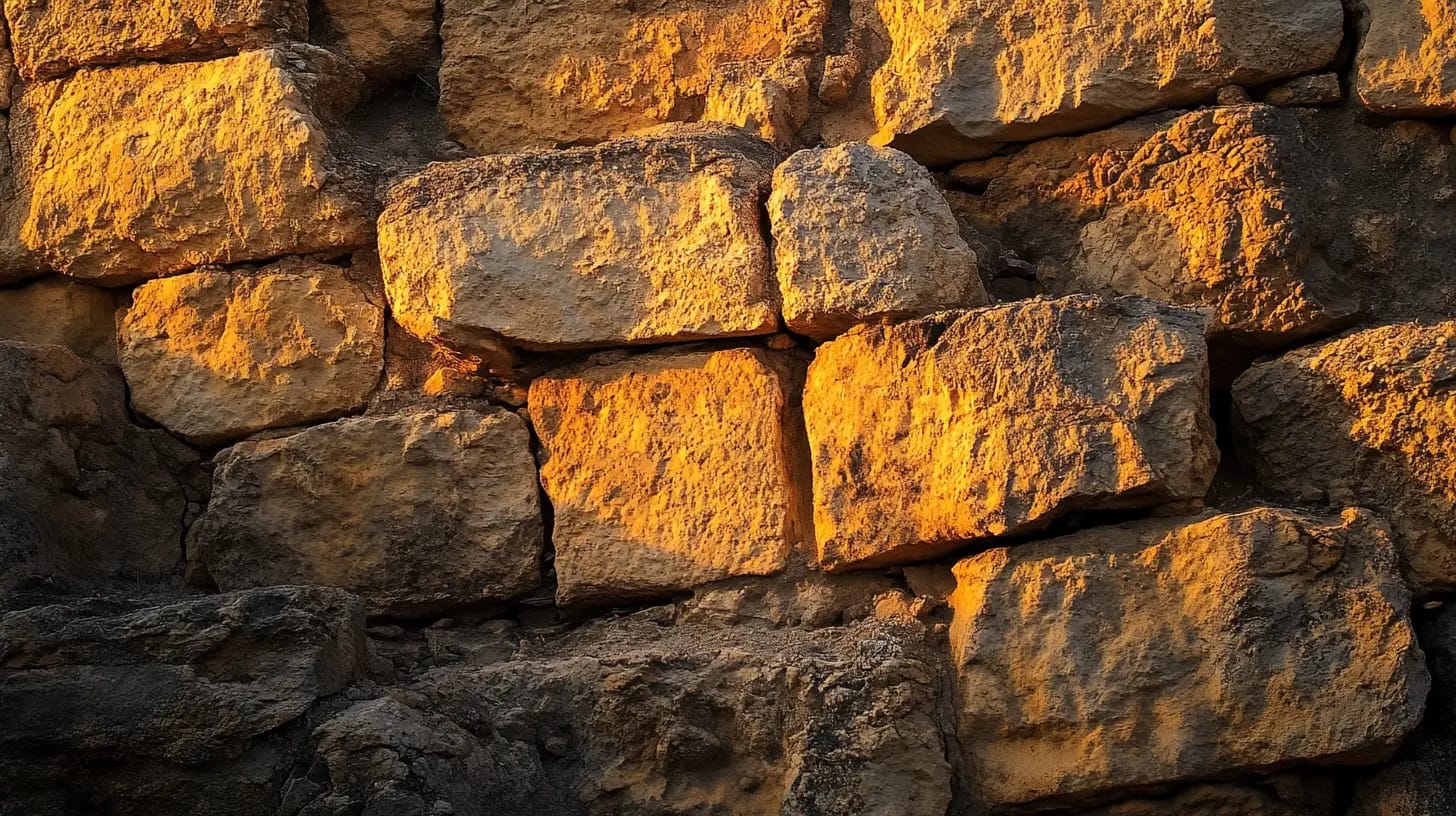 Close-up of a weathered stone wall illuminated by warm sunlight. The rough texture of the large, stacked rectangular stones is highlighted, with some stones casting shadows on others, creating a sense of depth and age. The lighting enhances the earthy tones of the stones.