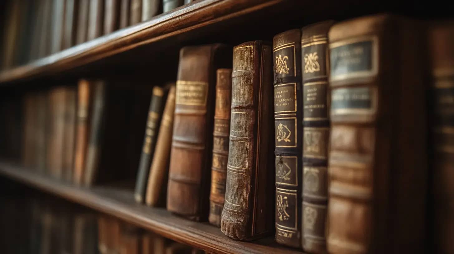 A close-up view of a bookshelf filled with old, leather-bound books. The spines of the books feature intricate gold designs and worn titles, indicating their age and antique nature. The warm lighting highlights the rich textures of the leather covers.